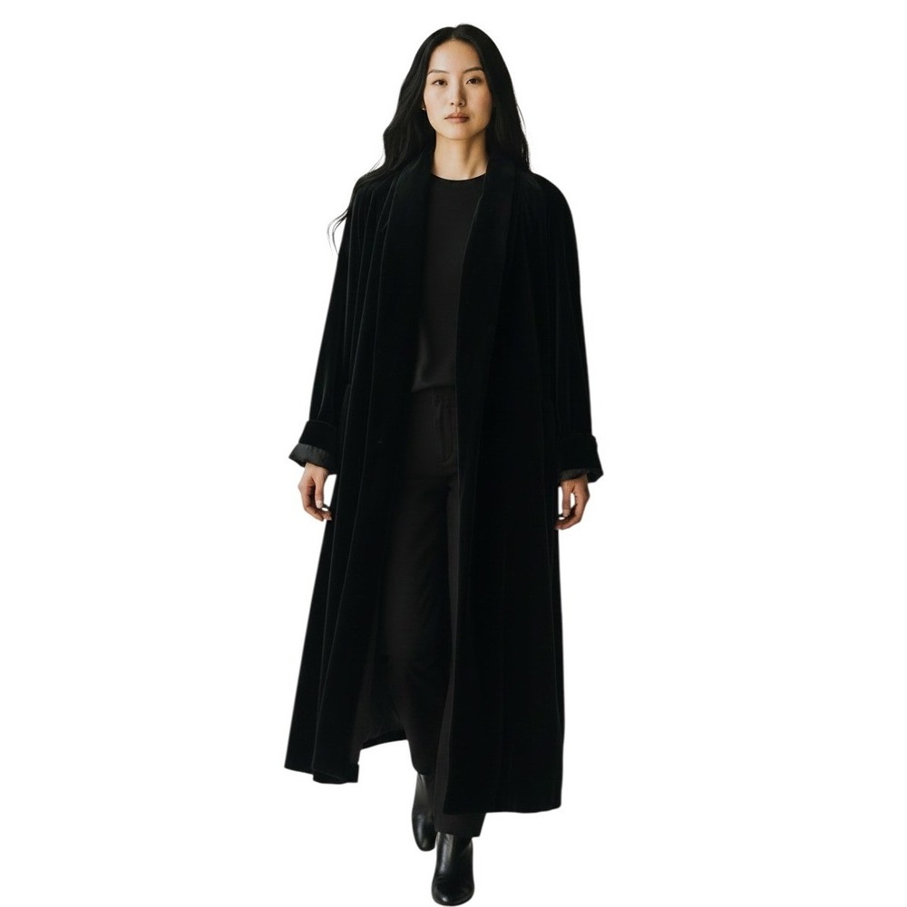 Vintage 90s Maxi Duster Coat Women XL Black Velvet Minimalist Gothic Opera